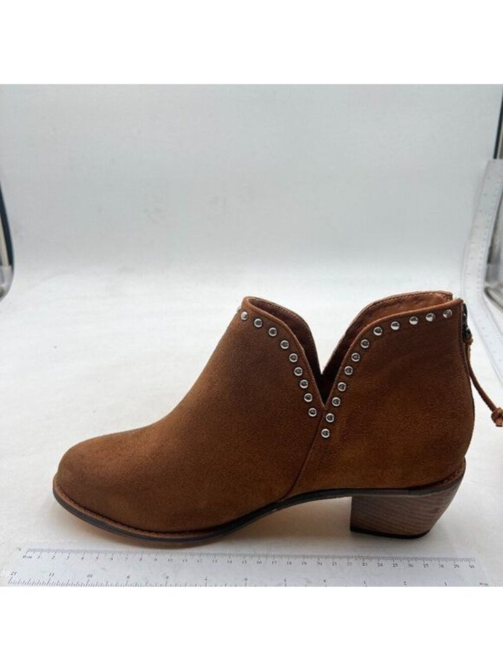 Women Studs Stacked Chunky Low Heel Ankle Booties Cut Out Round Toe Brown Boots
